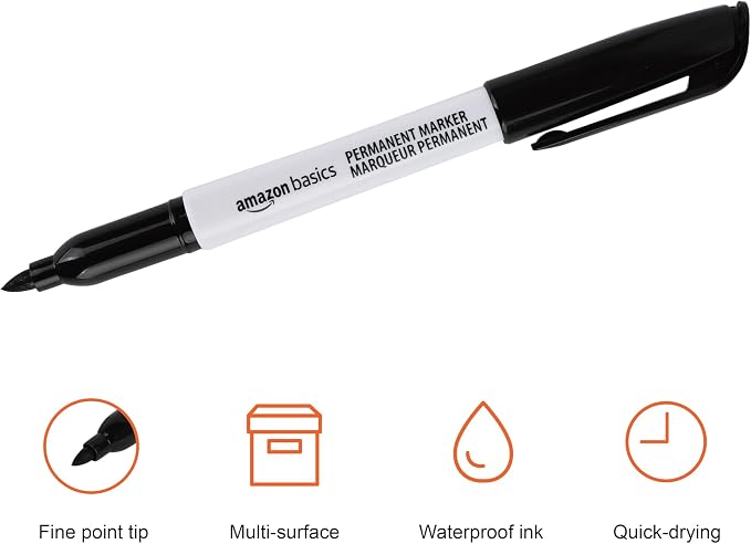 Amazon Basics Fine Tip Permanent Markers for Writing, Drawing, Quick Drying, Office, School, and Home Use, Black, 48 Pack