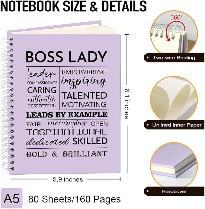 Boss Lady 160 Blank Pages Hardcover Spiral Notebook for Women Boss | New Business Owner Gifts for Boss Female, AppreciationPresentfor Women Entrepreneurs, Boss Day Women's Day Gifts