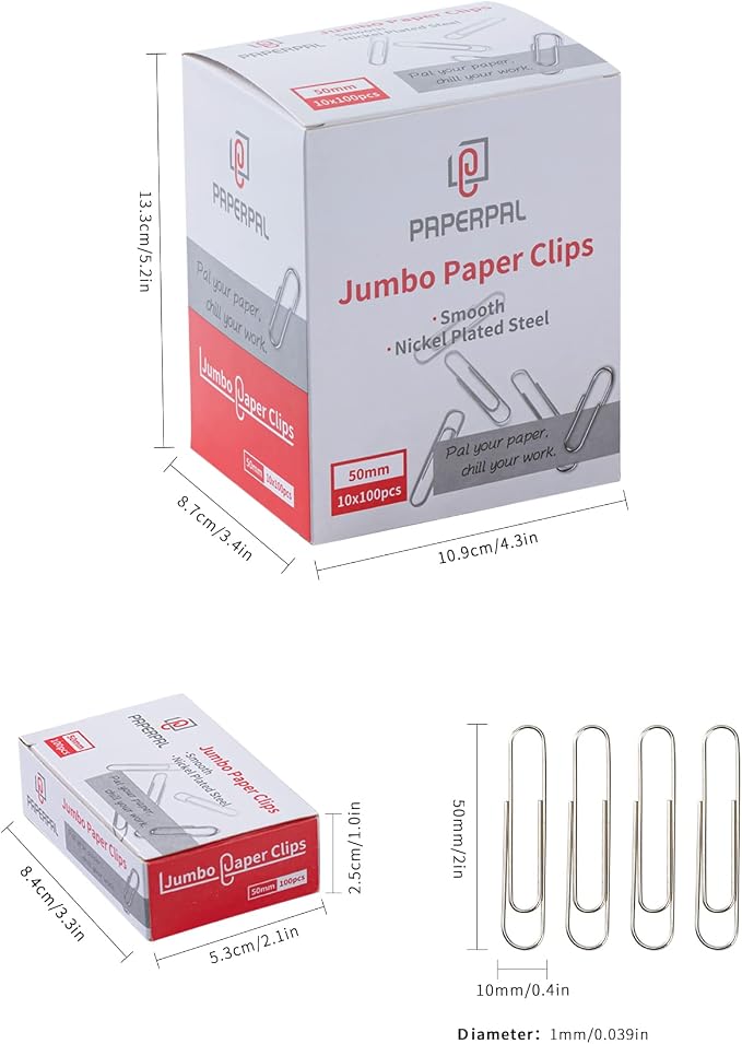 PAPERPAL Paperclips for Office School & Personal Use, Jumbo Smooth Paper Clip (2"), 1000 Large Paper Clips (10 Boxes of 100 Each), Silver | Value bulk pack of 1,000 large paper clips for offices, schools and businesses, packed in 10 boxes of 100 each.