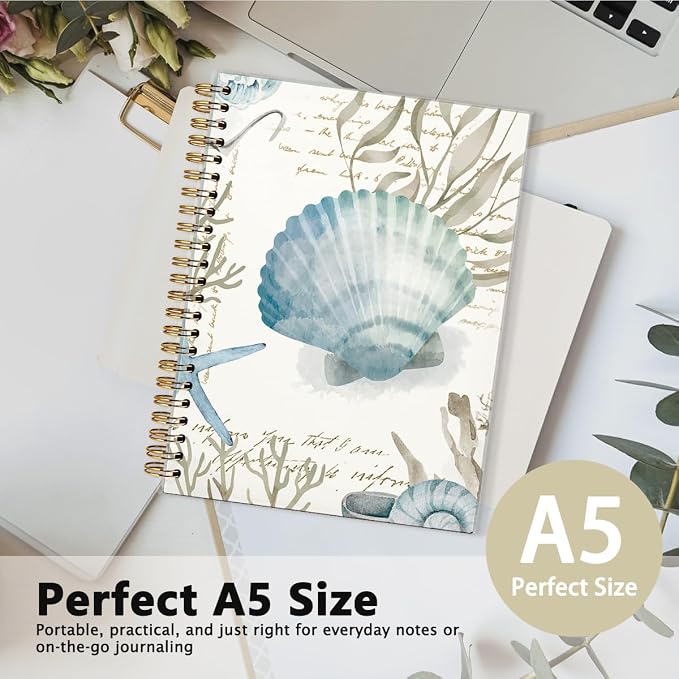 Sea Conch College Ruled Spiral Notebook Journal, Vintage Ocean Sea Life Aesthetic Spiral Bound Writing Journals for Offices Schools Classrooms, Hard Cover with 80 Ruled Pages, 5.5x8.3