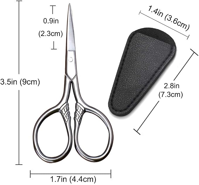 Small Precision Scissors, 3.5in Beauty Grooming Kit | Stainless Steel, Multi-Purpose Travel Tools for Facial Hair, Eyebrow, Eyelash, Beard, Moustache Trimming, with PU Sheath