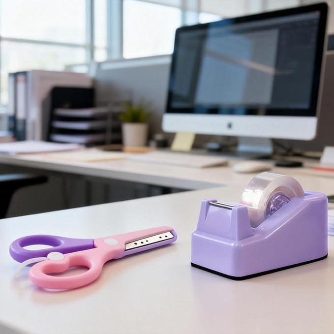 XEUZK Desktop Tape Dispenser Kits with Weighted Nonskid Base Tape Dispenser- Includes 9 Rolls of Transparent Tape(0.71 Inch x 500 inches Each) & Pink Scissors, 2 Pcs Tweezers (Purple)