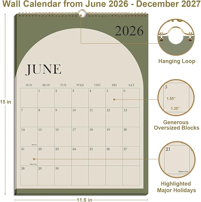 Wall Calendar 2026-2027 - 18 Months Calendar 2026-2027 from July 2026 - December 2027, 2026-27 Wall Hanging Calendar Planner with Thick Paper, 12" x 14.5", Cyan
