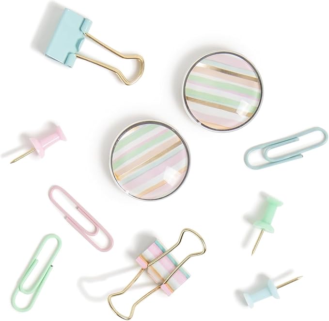 U Brands Office Accessory Kit, Office Supplies, Includes 2 Magnets, 6 Small Binder Clips, 36 Paper Clips, and 24 Standard Push pins, Freeform Stripe