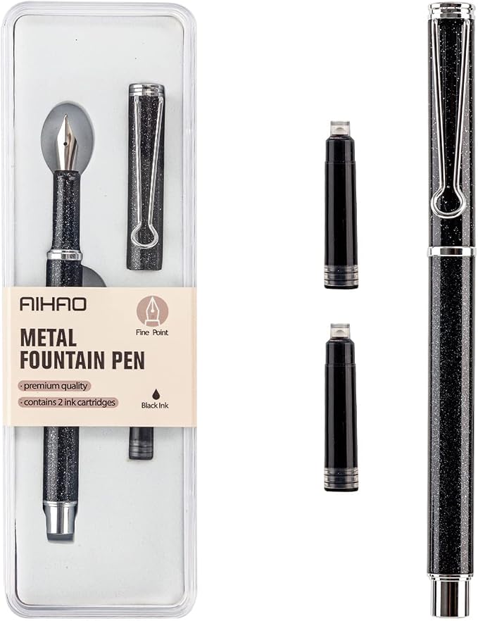 AIHAO Refillable Fountain Pen, Fine Point, Metal Fountain Pen with Gift Box, Black Ink, 2 Ink Cartridges in one Set, Pearl Black Metal Pen.Fountain Pens for Writing