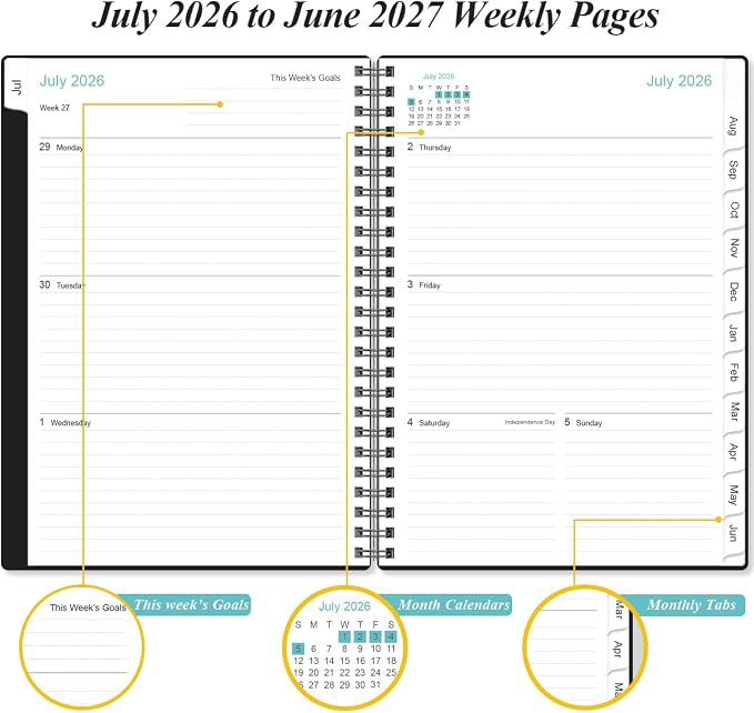 Planner 2026-2027 - A5 Weekly & Monthly Planner Spiral Bound, July 2026 - June 2027, with Flexible Cover, Tabs, Inner Pocket, 6.4" x 8.5", Black