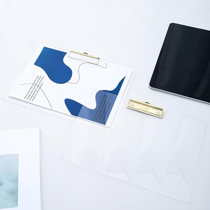 JIARI 4 Pack Clear Acrylic Office Clipboard A4 Letter Size 9.06" x 12.6" (Gold Horizontal 4 Pack)