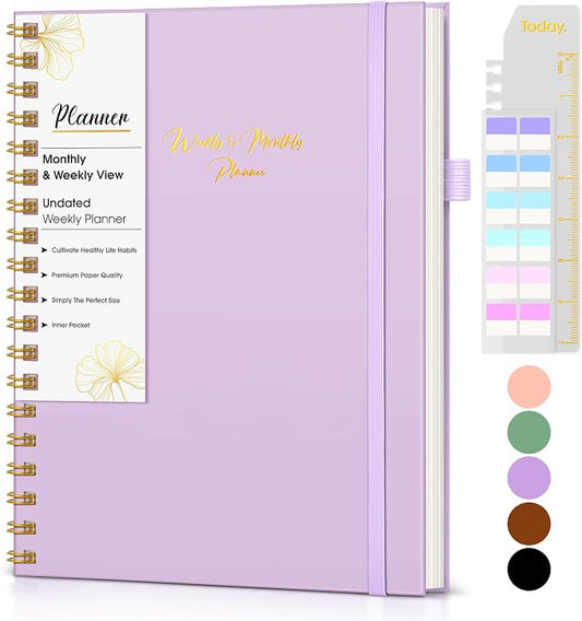Undated Weekly and Monthly Planner, B5 Large Weekly To Do List Notebook with Goal & Habit Tracker Organizer, Hardcover Spiral Bound Blank Monthly Planner for Work School Home 7.4" x 9.64"Purple