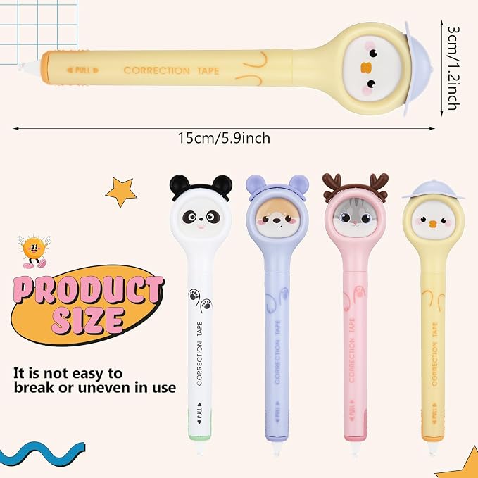 Fullhawl 4 Pcs Cute Correction Tape Pen for Instant Correction Cartoon Correction Tape Easy to Use Pen Shaped Applicator Kawaii Birthday Gifts for Women Office Supplies Small Gift Animal Lovers