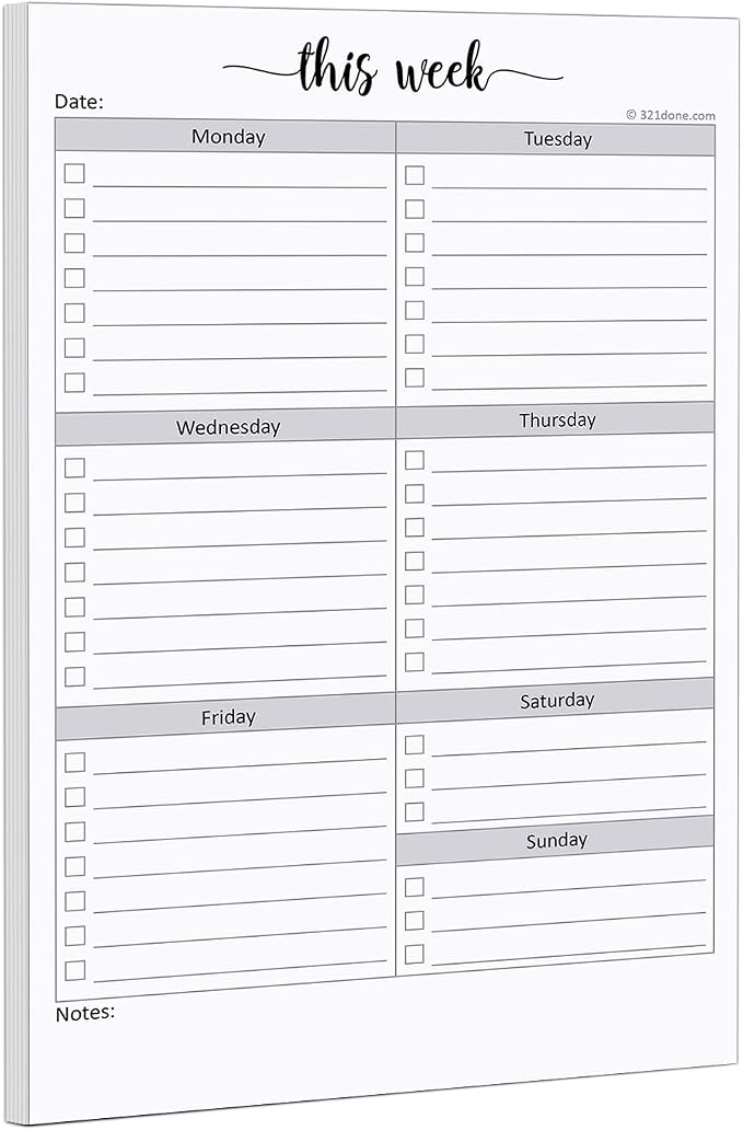 321Done Weekly Checklist Notepad, 5.5x8.5 Size Pad - 50 Tear-Off Sheets, Undated Monday-Sunday Schedule, Daily Task Planner for Home, Office & Student Use - Made in USA