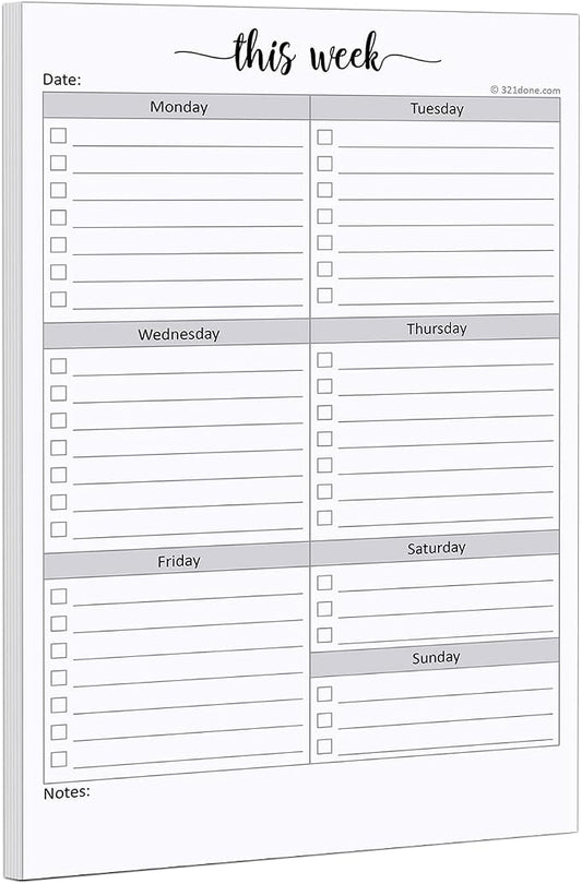 321Done Weekly Checklist Notepad, 5.5x8.5 Size Pad - 50 Tear-Off Sheets, Undated Monday-Sunday Schedule, Daily Task Planner for Home, Office & Student Use - Made in USA