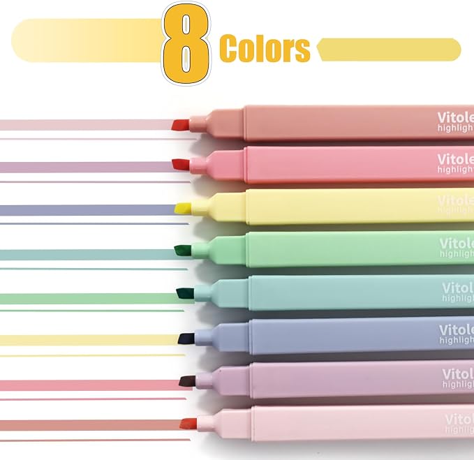 Piochoo Highlighters,8pcs Aesthetic Pastel Highlighters,Chisel Tip Book Highlighter,Bible Highlighter Assorted Colors for School Office Supplies