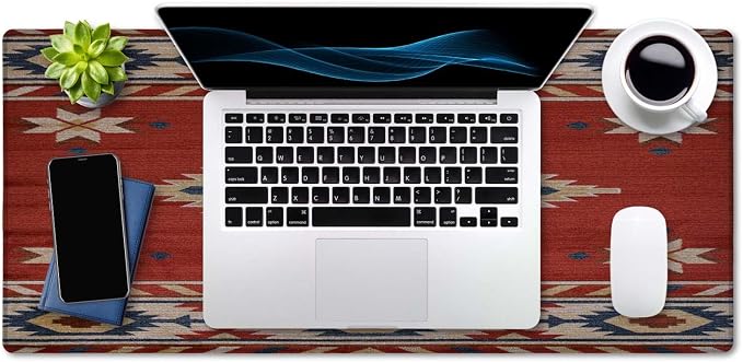 SSOIU Extended Gaming Mouse Pad (35.5x15.7 in), Large Stable Rubber Base Mousepad with Stitched Edges, Keyboard Mouse Mat Desk Pad for Work, Game, Office, Home - American Southwestern Tribal Pattern