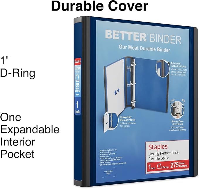 Staples Better View 1-Inch D-Ring Binder, Blue – Durable 3-Ring Binder with Clear Overlay for School & Office