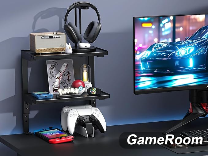 2-Tier Desk Shelf, Black | Desk Organization Expandable Clamp on Desk Shelf Desktop Accessories for Offices and Game Rooms