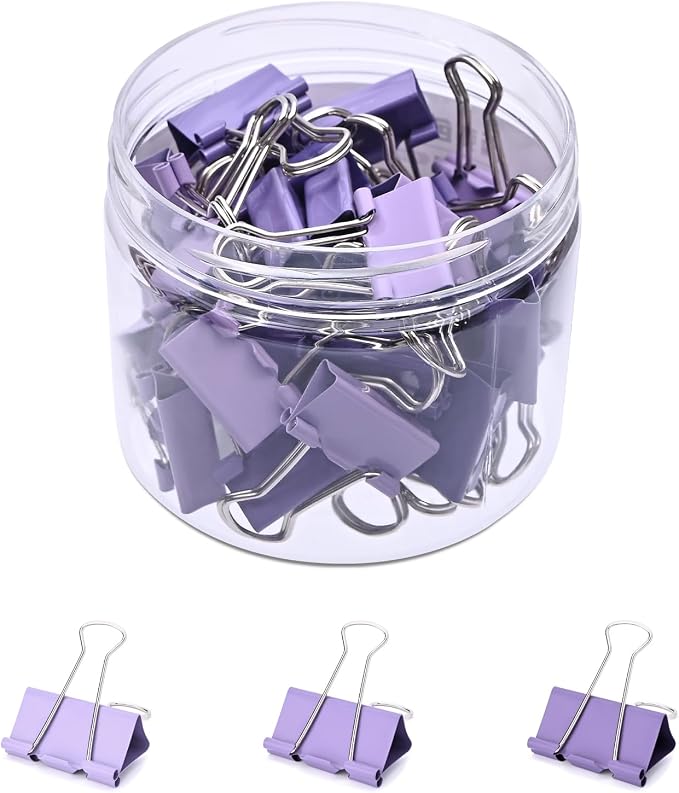 Temiary Aesthetic Binder Clips, Small Metal Binder Clip with Clear Storage Container, Binding Paperwork Clamps for School Teachers Office Supplies (Purple 0.75 Inch, 40P)