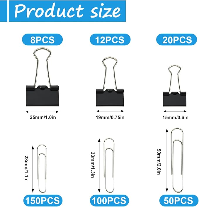 Binder and Paper Clips Set, 340 pcs Assorted Sizes in Container With Compartments - Silver Paper and Black Binder Clips for Home, School, Office Supplies