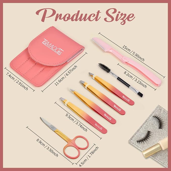 TsMADDTs 7 pcs Tweezers Set for Women Facial Hair, Precision Tweezer for Eyebrows with Curved Scissor and Eyebrow Razor for Ingrown Hair, Pink&Yellow