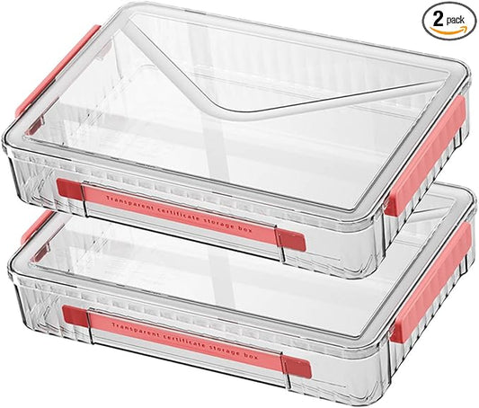 2 Pack Document Storage Clear Plastic Storage Boxes with Lids Stackable Storage Bins Paper Storage Box Containers for Organizing A4 File Paper, Document, Photo, Scrapbook