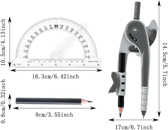 Vobou Compass and Protractor Set, 6 Inch Protractor with Swing Arm (Gray) | Compasses for Math for Drafting, Sharpener, Eraser and 180 Degree 6 Inch Clear Protractor, Easy Grip, School Supplies