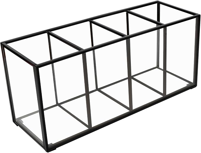 Pencil Holder for Desk,Tempered Glass Pen Holder,3&4 Compartments,Desktop Storage Organizer for Office Supplies,School Supplies,Pens,Markers,Pencils,Scissors,Paperclips (Black, 4 compartments)