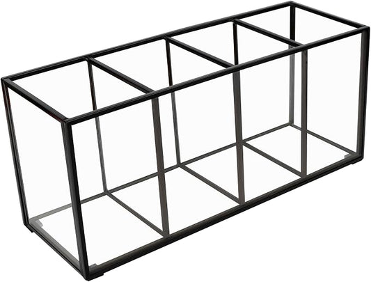 Pencil Holder for Desk,Tempered Glass Pen Holder,3&4 Compartments,Desktop Storage Organizer for Office Supplies,School Supplies,Pens,Markers,Pencils,Scissors,Paperclips (Black, 4 compartments)