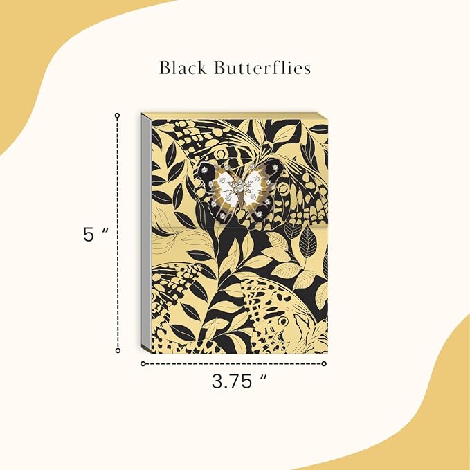 Punch Studio Flip-Top Notepad For Daily Notes or Notes on-the-go, with Magnetic Closure, Brooch Embellishment, Gold-Foil Accents & 75 Illustrated Sheets, 5" x 3.75" - Black Butterflies (50441)