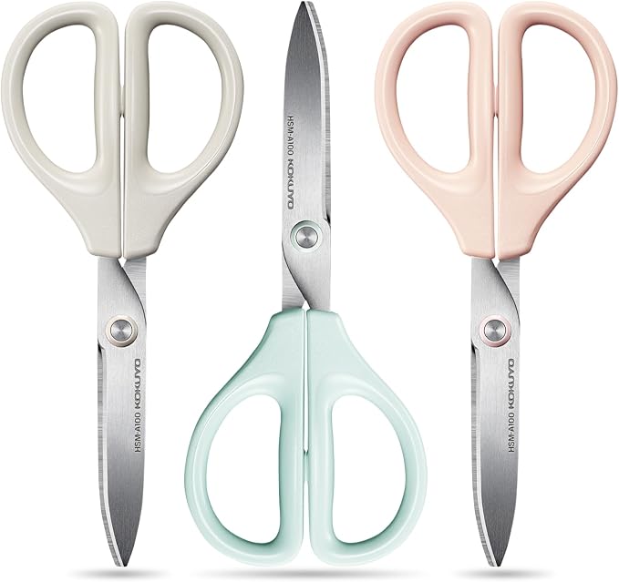 Kokuyo 3 Pack 7“ Scissor All purpose with Hybrid Arch Stainless Steel Blade, Pastel Pink Blue White, Sharper Cutting Performance Heavy Duty Cutter for Office Home School Craft Supplies (HSM-A100)