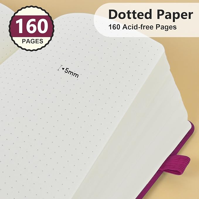 PERCUN A5 Dotted Journal Notebook, Leather Hardcover Notebook 5.9"×8.5" | 160 Dotted Pages Journal for Women & Men, Dot Grid Notebook for Writing, Work, School, Travel Daily Diary, Bullet Journaling
