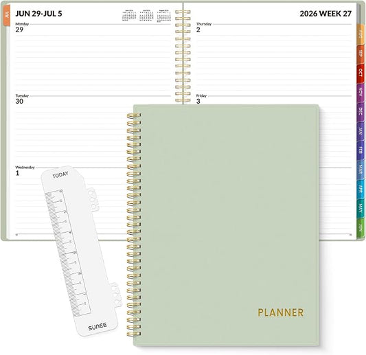 SUNEE Academic Planner 2026-2027 – Weekly & Monthly Planner, July 2026 to June 2027, 8.5"x11", Thick Paper, Tabs, Pockets, Bookmark, Spiral-Bound, Student Teacher Organizer, Sage Green