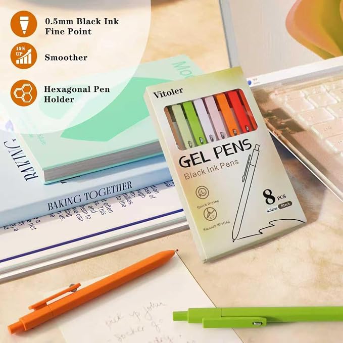 Vitoler Black Ink Gel Pens, 8pcs 0.5mm Smooth Writing Pens with Fidget | For Women, For Teachers, For Nurses, Quick dry, Liquid Ink, For Badge, Felt Tip, Medium Point, For Journaling, Cute