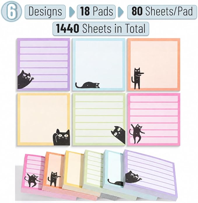 Mr. Pen- Black Cat Sticky Notes Set, 3" x 3", 18 Pads, 1440 Sheets | Bulk Black Cat Sticky Notes, Memo Pads, Self-Stick Note Pad for Office, School, Home, Study & Organization