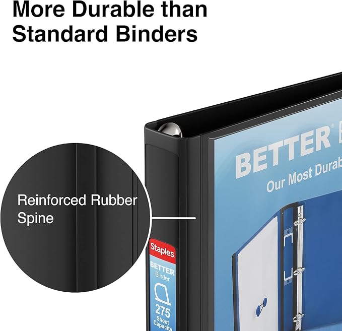 Staples Better Binder, 1" Heavy‑Duty D‑Ring Binder, Black, Reinforced Spine, Holds 275 Sheets, Reliable 3‑Ring Binder for School, Office, Projects, 3‑Pack
