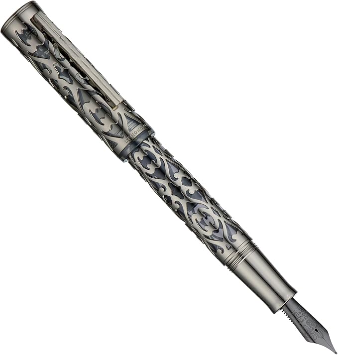 HONG DIAN D1 Piston Fountain Pen Fine Soft Nib, Jet Black Hollow Skeleton & Resin Pen with Metal Case Set