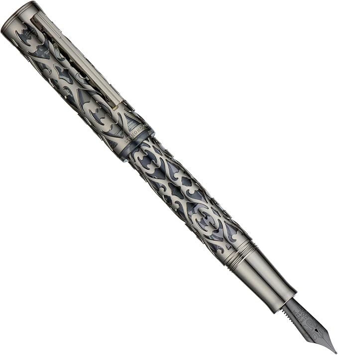 HONG DIAN D1 Piston Fountain Pen Extra Fine Soft Nib, Jet Black Hollow Skeleton & Resin Pen with Metal Case Set