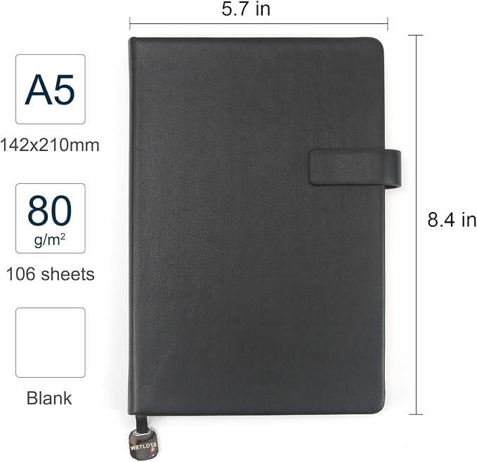 A5 Hard Cover Blank Notebook, Pen Holder & Gold Edges, 180° Lay Flat Journal, Large 5.7 x 8.4 in, Bookmark & Gift Box, Sketchbook Journal for Work, Study, Travel(Black)