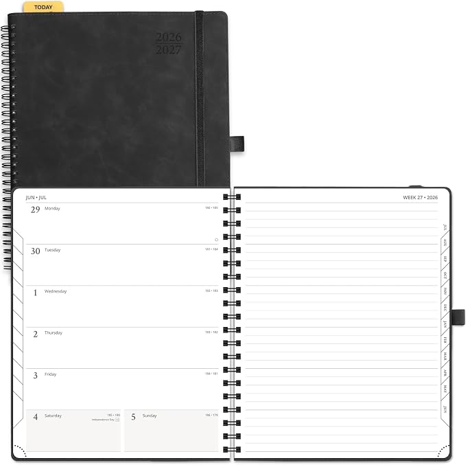 POPRUN Weekly Planner 2026-2027 (July 26-June 27), Large-8.5" x 10.5", Academic Agenda 2026-2027 Calendar Notebook Planner for School, College, Spiral Leather Softcover, 100GSM - Black