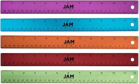 JAM PAPER Strong Aluminum Rulers - 12 Inch - Metal Rulers with Non-Skid Cork Backing - Rainbow Assortment - 5/Pack