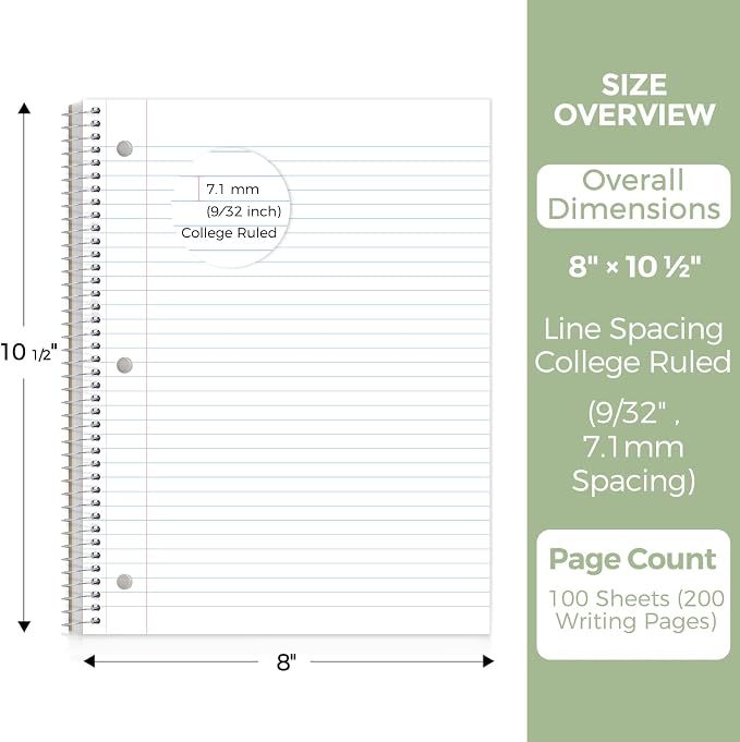 SKYDUE 8"x10.5" Spiral Notebook - College Ruled 100 Sheets, 1 Subject Notebook for School & Office, 3-Hole Punched Paper, Green
