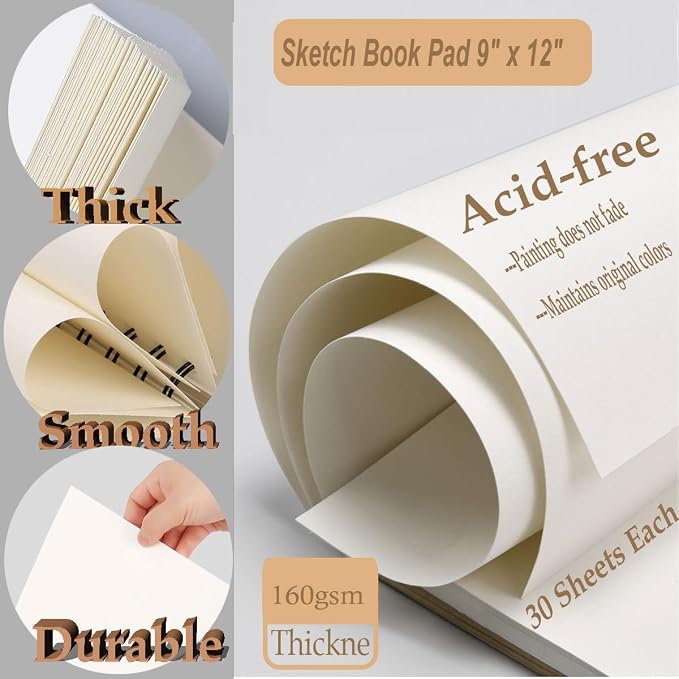 Sketch Book Pad, Drawing Paper 9" x 12" Spiral Bound (98lb/160gsm), Pack of 1, Durable Acid Free Sketchbook for Painting, 30 Sheets Each (1 Pack- 9"X12")
