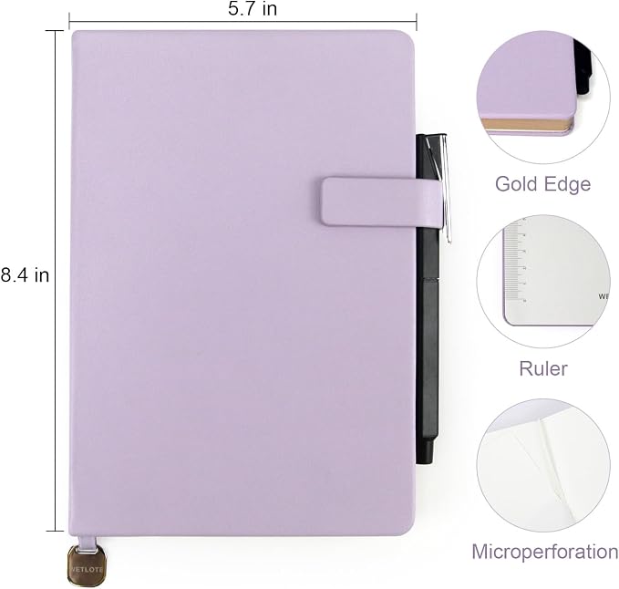 Hardcover Leather Journal Notebook A5 Lined 212 Pages 5x8.25 Inches Gold Edged Pages with Strap Closure Travel Work School Writing Journaling Notebooks for Women Men Gift Box Packaging Light Purple