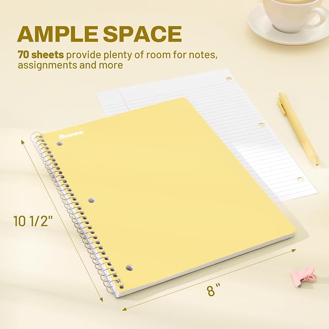 SUNEE Spiral Notebooks, 3 Pack, 1-Subject, College Ruled Paper, 8" x 10-1/2", 70 Sheets per Notebook, Pastel Colors Spiral Notebooks for School