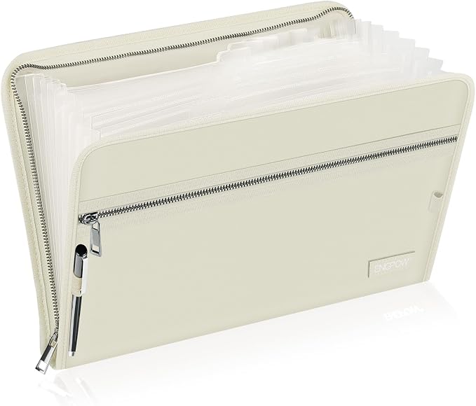 ENGPOW Expanding File Folder,Fireproof 13 Pockets Document Organizer Bag | Accordion File Organizer with Zipper＆Labels,Portable Home Travel Safe Storage for Important Files,Papers,Letter Size,Beige