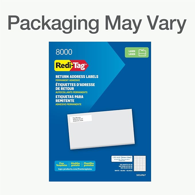 Redi-Tag 0.5" x 1.75" Address Labels, 8000 per Pack, White, Laser Printer Labels, 1/2" x1-3/4, Self-Adhesive, Permanent Stick, Smudge-Resistant, Perfect for Mailing, Office, and Home Use