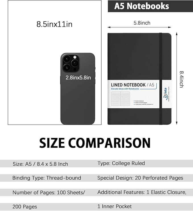 Dynta Hardcover Journal Notebooks, 10 Packs A5 Lined Journals Bulk for Writing 200 Pages/100Sheets, 8.4 x 5.8 inch, Classic Ruled Notebook for Work/Travel/College/Note Taking(Black)
