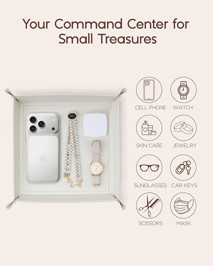 VLANDO Valet Tray Organizer, PU Leather Catchall Tray for Vanity, Beige | Large Jewelry Vanity Tray for Keys, Wallet, Watch, Phone, Glasses and Perfume, Nightstand Dresser Desk Entryway Organizer