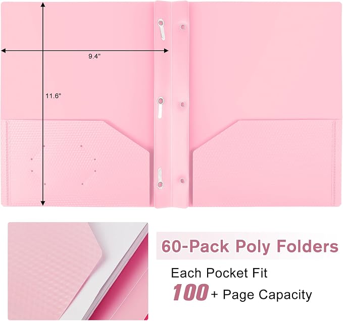 60-Pack Plastic andPockets and Prongs,2-Pocket and3 Fasteners, Pastel Folders Holds US Letter Size Paper for School/Office/Home, Pink