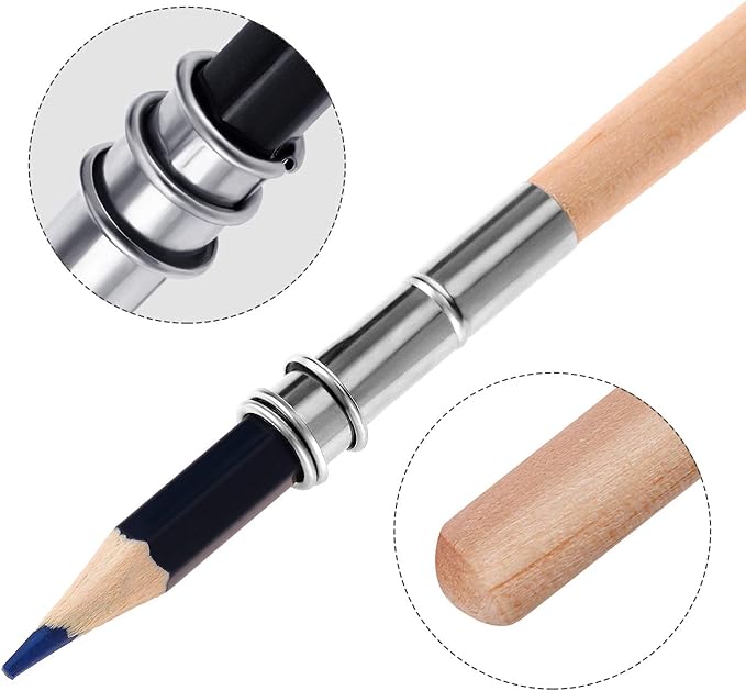 Chinco 12 Pieces Wooden Pencil Extenders Art Pencil Lengthener Crayon Extension with Aluminum Handle for School Office Supplies