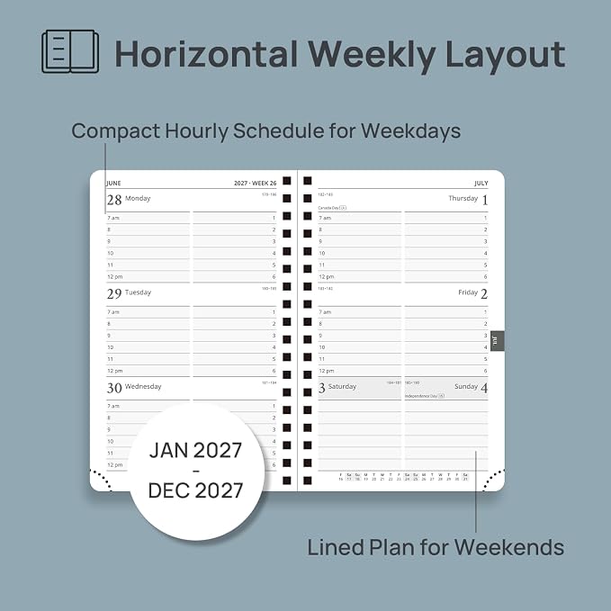 POPRUN 2027 Pocket Planner (Small-4'' x 6.25'') Weekly and Monthly Calendar | 2027 Agenda(Jan - Dec) Appointment Book with Hourly Time Slots, Monthly Tabs, 100GSM, Spiral Leather Cover - Blue