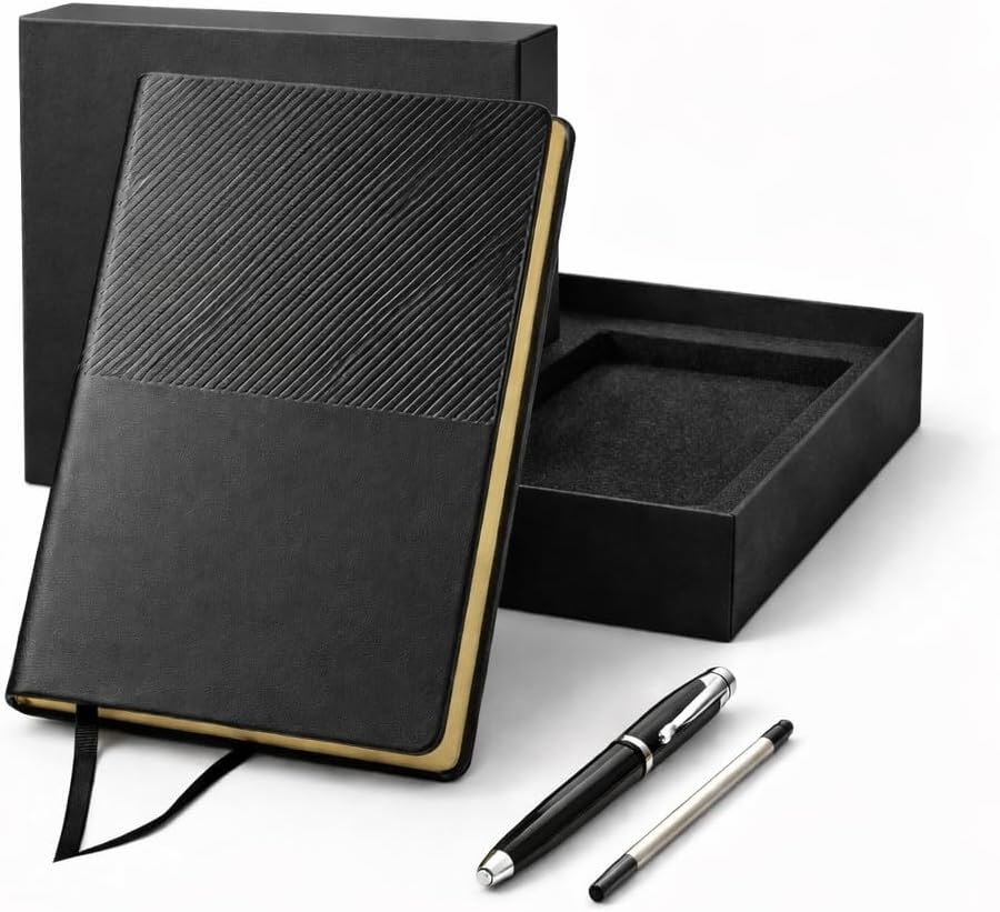 Business Office A5 Soft Leather Notebook Gift Set with Pen, Black, Professional Stationery Set with Premium Pens